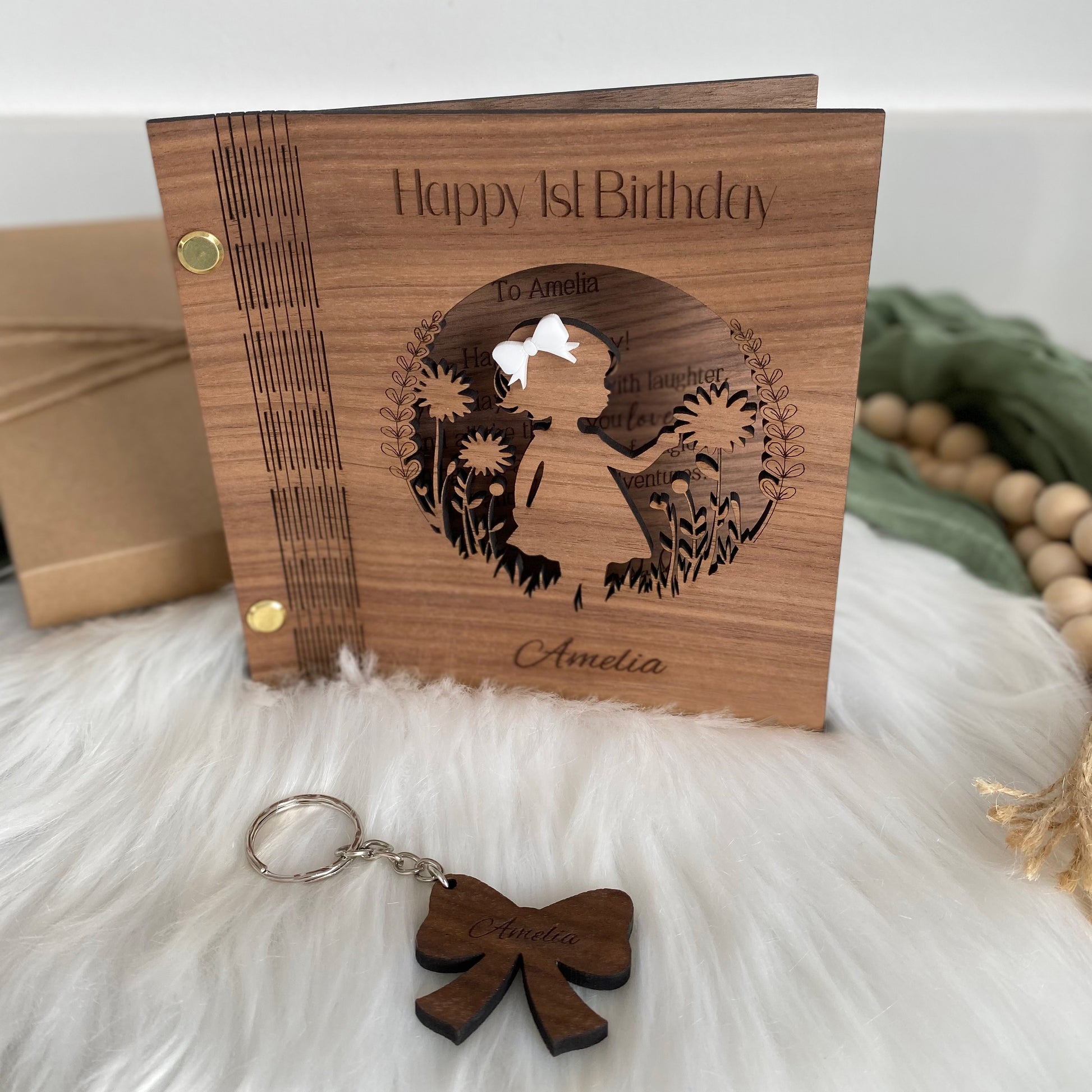 Engraved 1st birthday card and bag tag