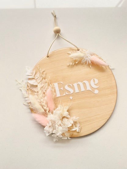 Dried Flower Bedroom Sign - Pink and White