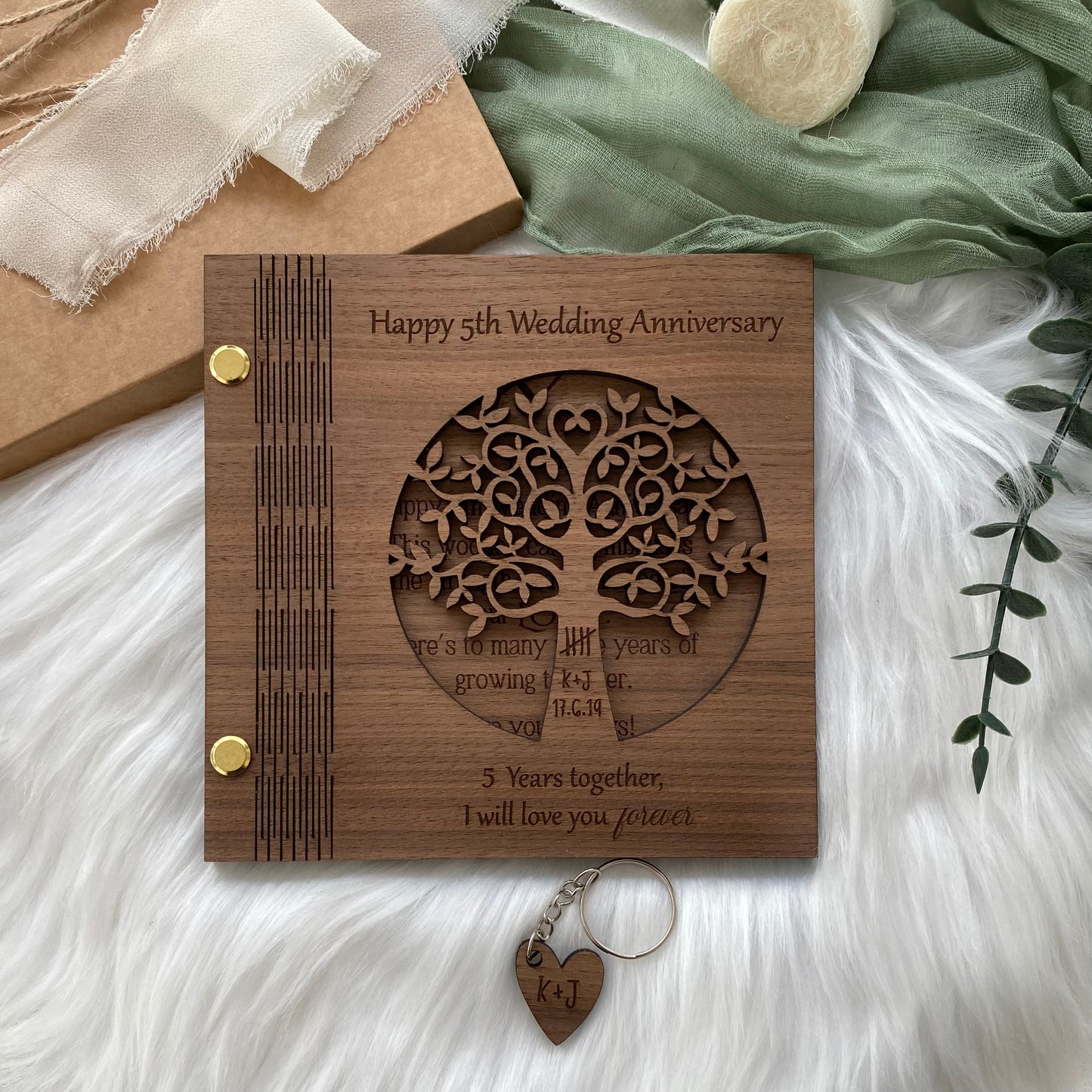 Personalised Wooden 5th Wedding Anniversary Card and Keyring