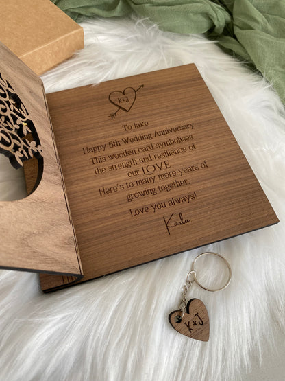 Personalised Wooden 5th Wedding Anniversary Card and Keyring