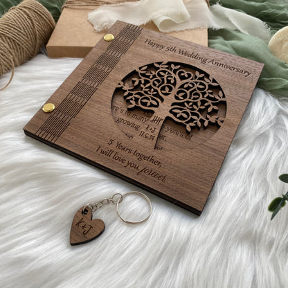 Personalised Wooden 5th Wedding Anniversary Card and Keyring