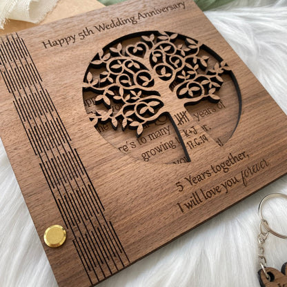 Personalised Wooden 5th Wedding Anniversary Card and Keyring