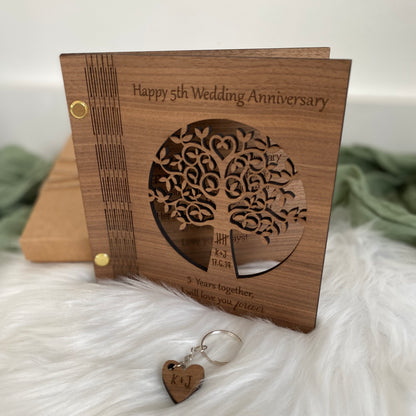 Personalised Wooden 5th Wedding Anniversary Card and Keyring