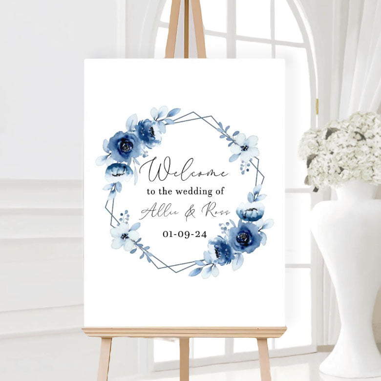 Personalised blue floral wedding welcome sign