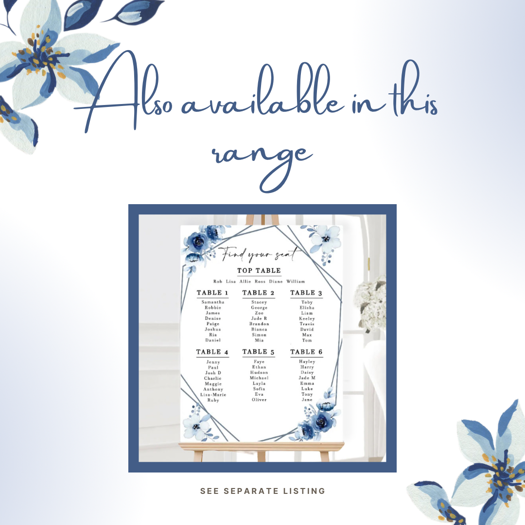 Portrait blue floral wedding seating plan - elegant and stylish addition to your wedding decorations.