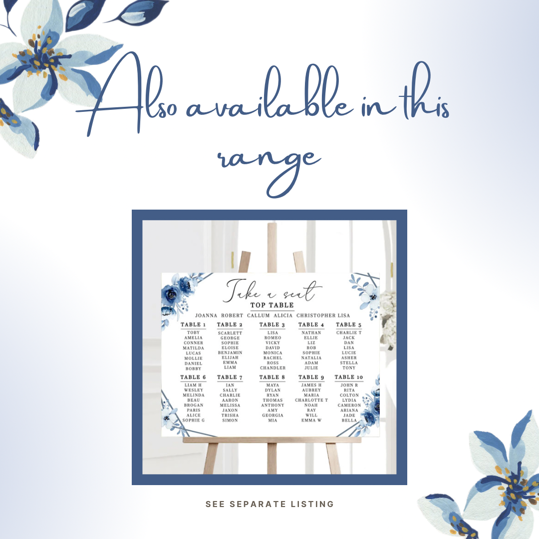 Landscape blue floral wedding seating chart sign