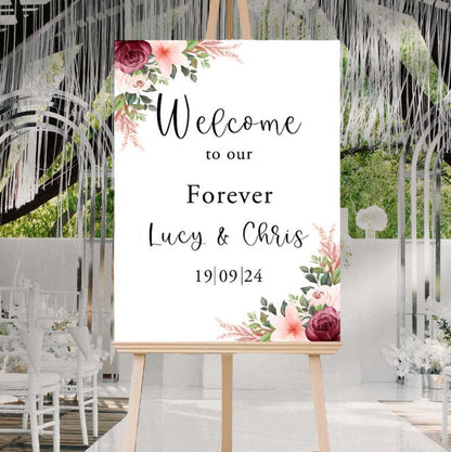 Portrait style burgundy and peach floral personalised wedding welcome sign