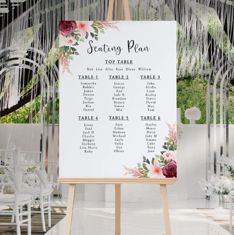 Burgundy and peach floral wedding seating chart sign