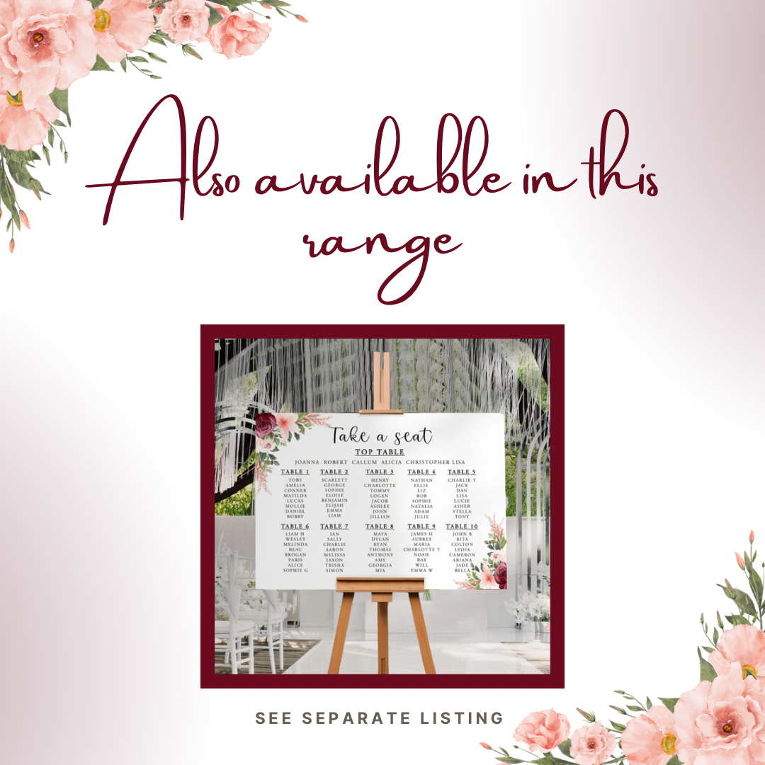 Burgundy and peach floral theme wedding seating plan sign