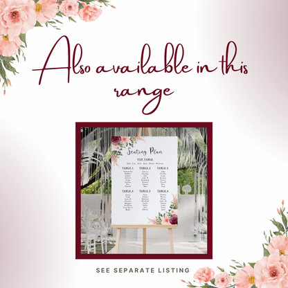 Portrait style burgundy and peach floral wedding seating plan sign