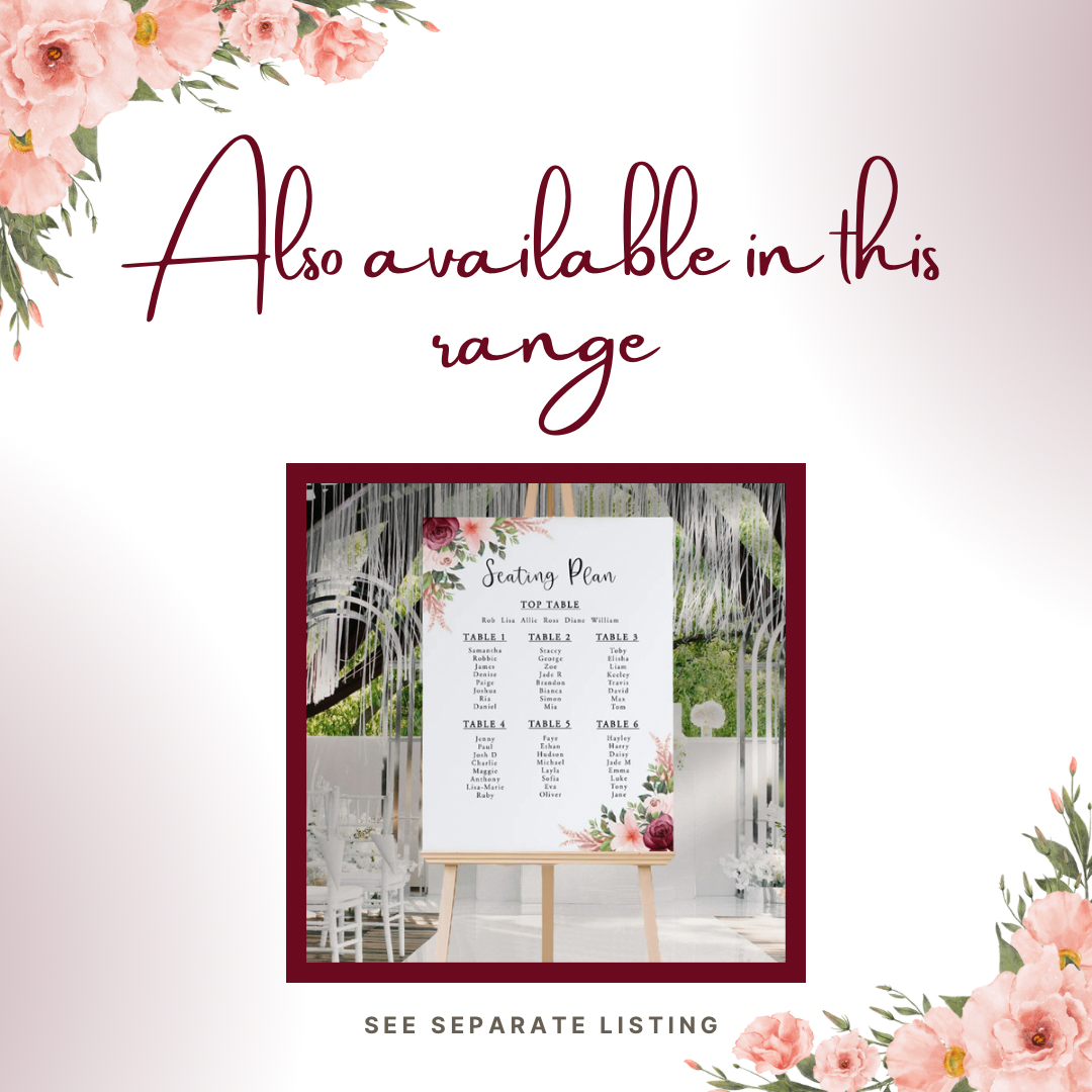 Portrait style burgundy and peach floral wedding seating arrangement chart