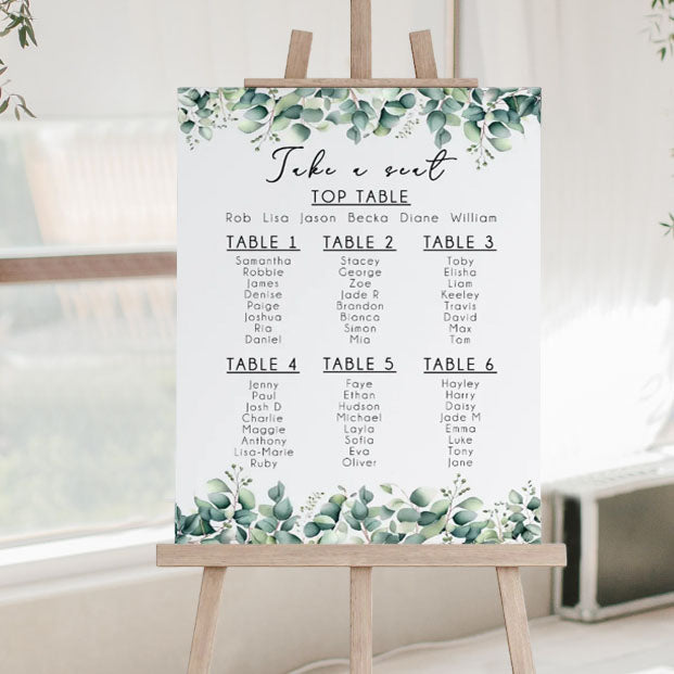 Eucalyptus design wedding seating plan display sign