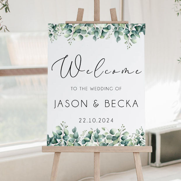 Portrait personalised wedding welcome sign - Eucalyptus design