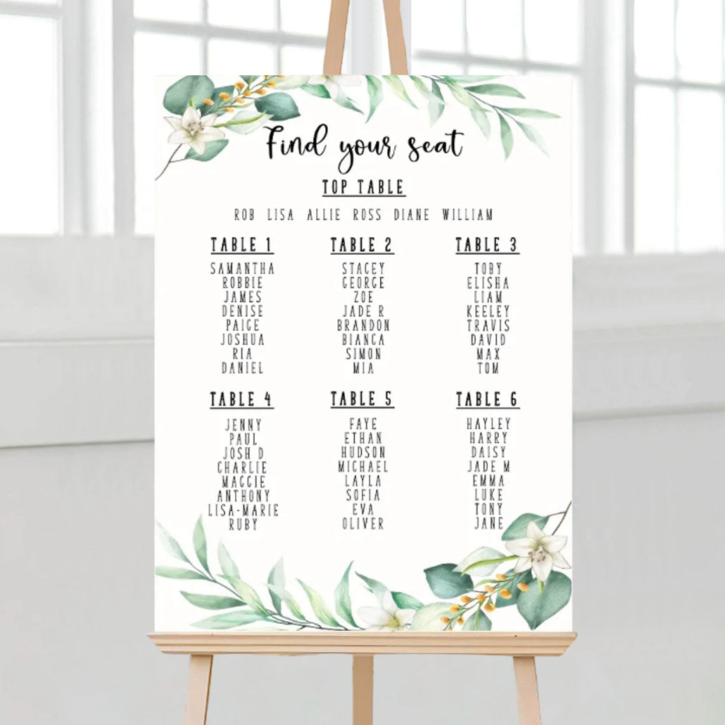 Botanical theme wedding decorations - wedding seating arrangement display sign