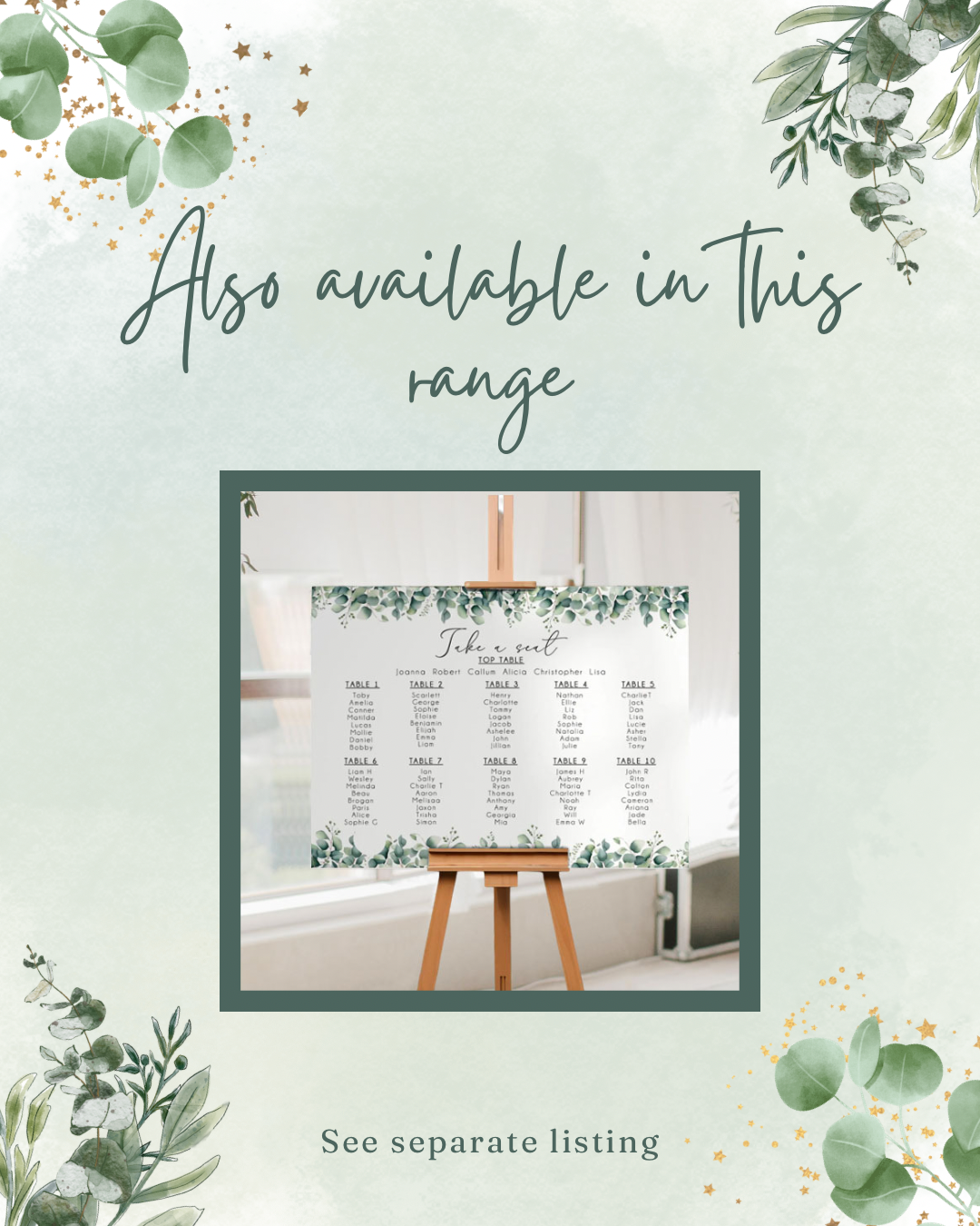 Eucalyptus theme wedding seating arrangement sign