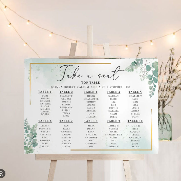 Eucalyptus wedding seating chart display