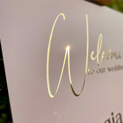 Gold mirror personalised wedding welcome sign 