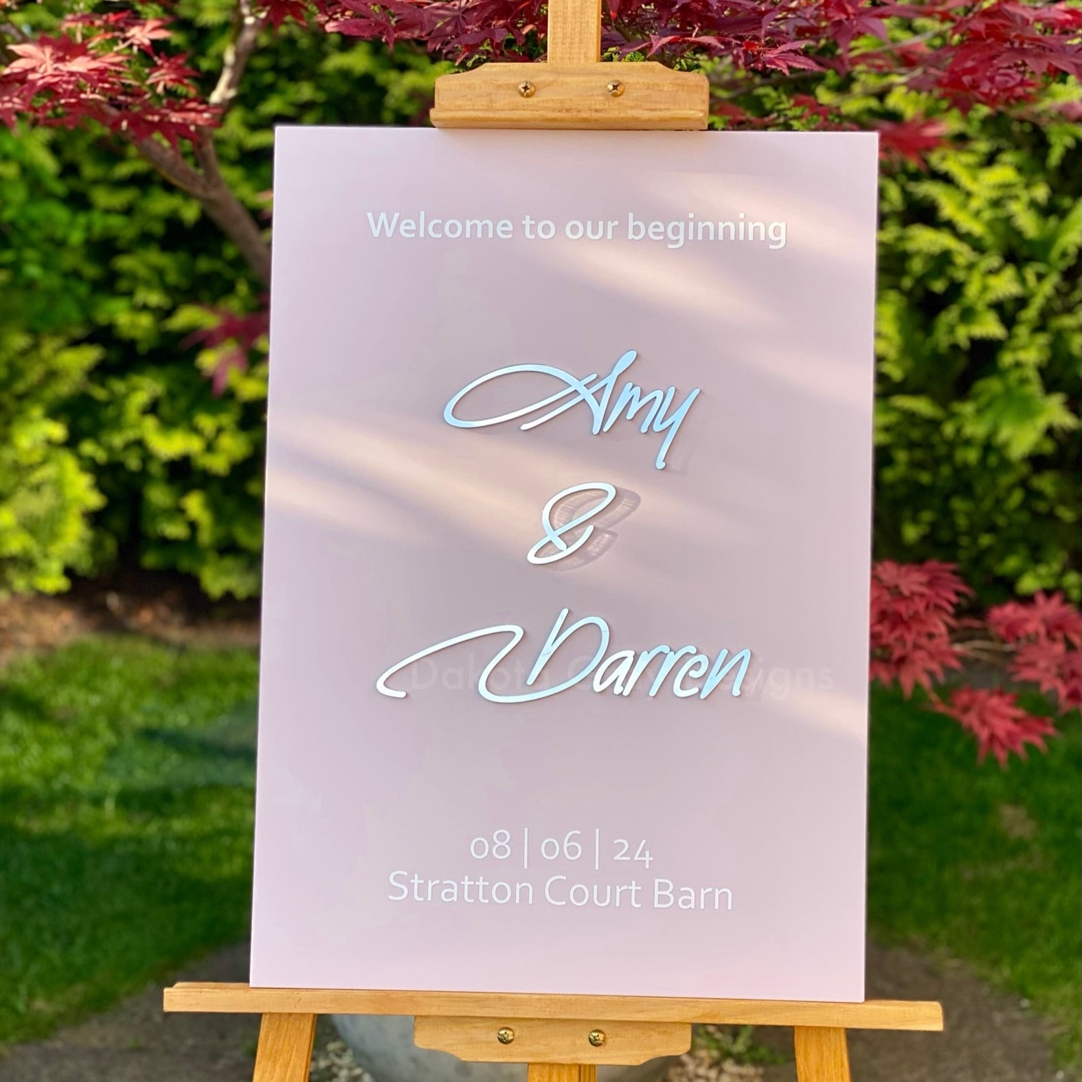 Personalised pink and silver mirror wedding welcome sign