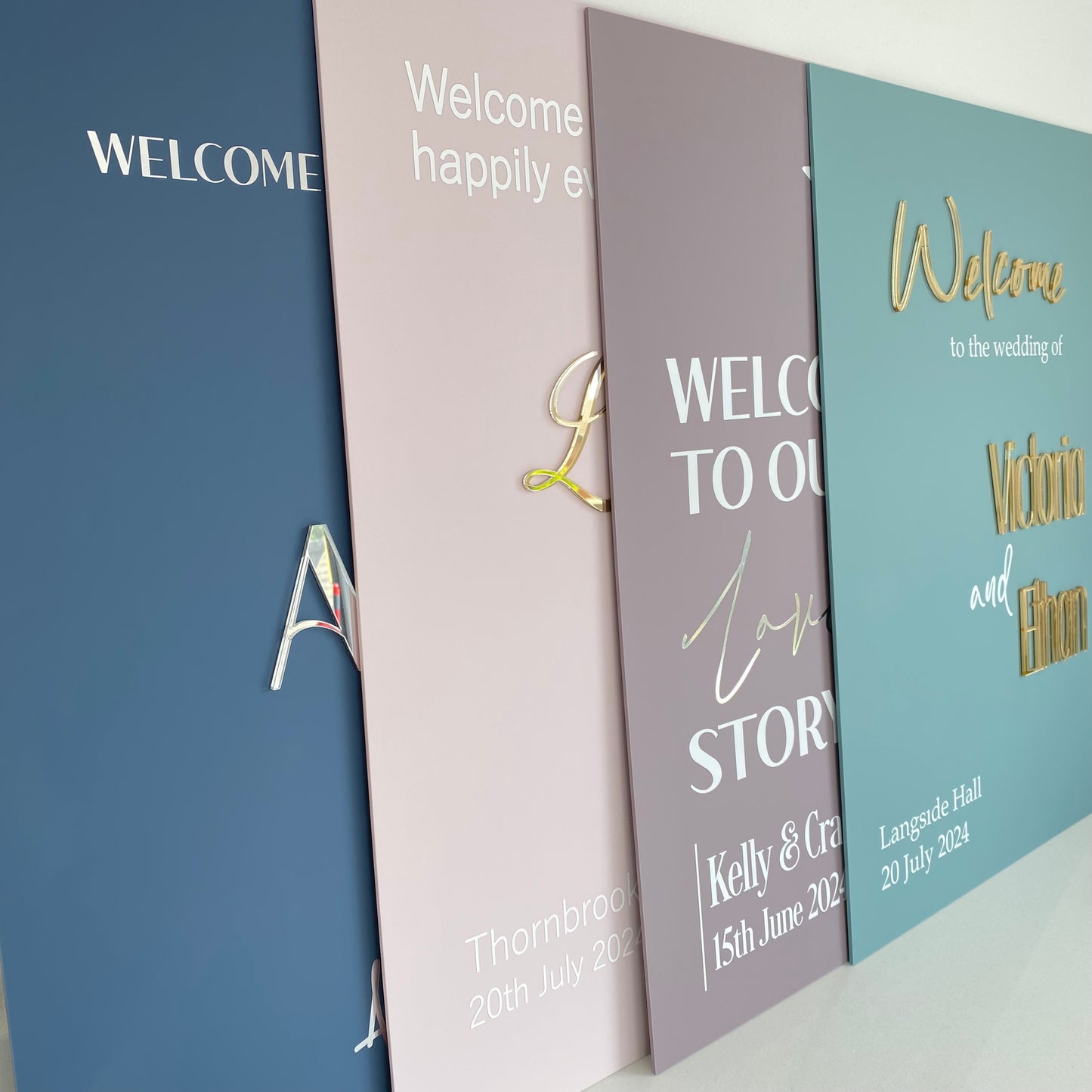 range of personalised acrylic wedding welcome signs