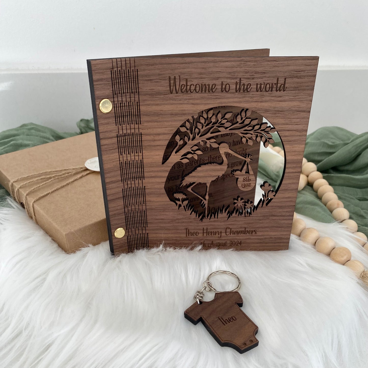 Wooden engraved new baby keepsake and changing bag tag