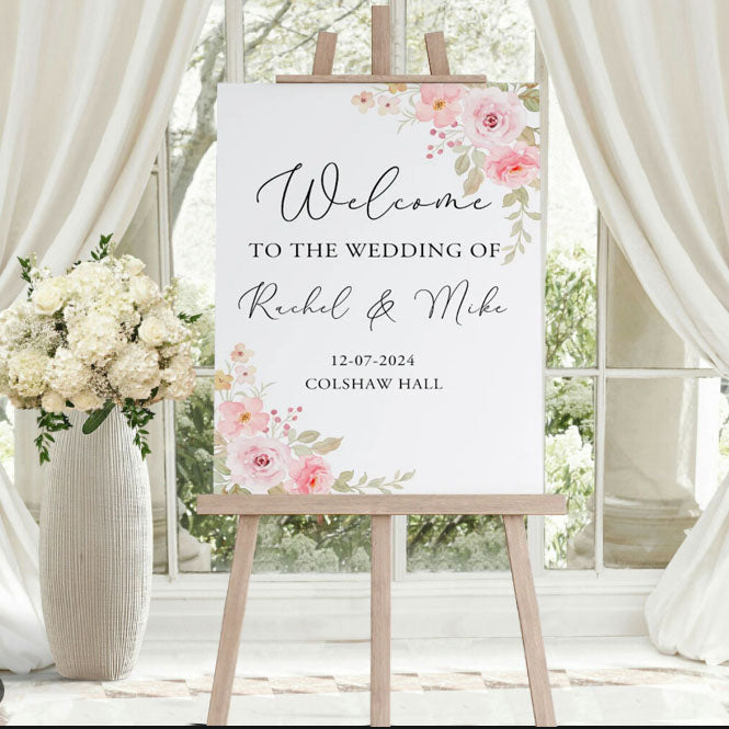 Pink rose wedding decorations - wedding welcome sign