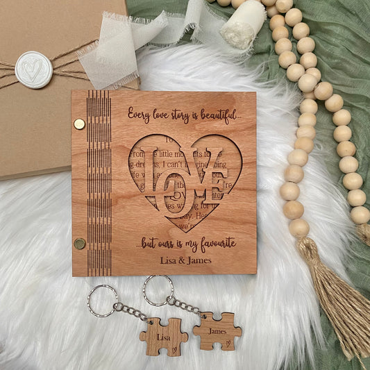 Personalised wooden valentines day card and couples keyrings