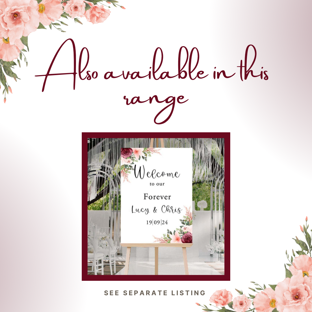 Burgundy and peach floral wedding decor - personalised welcome sign 